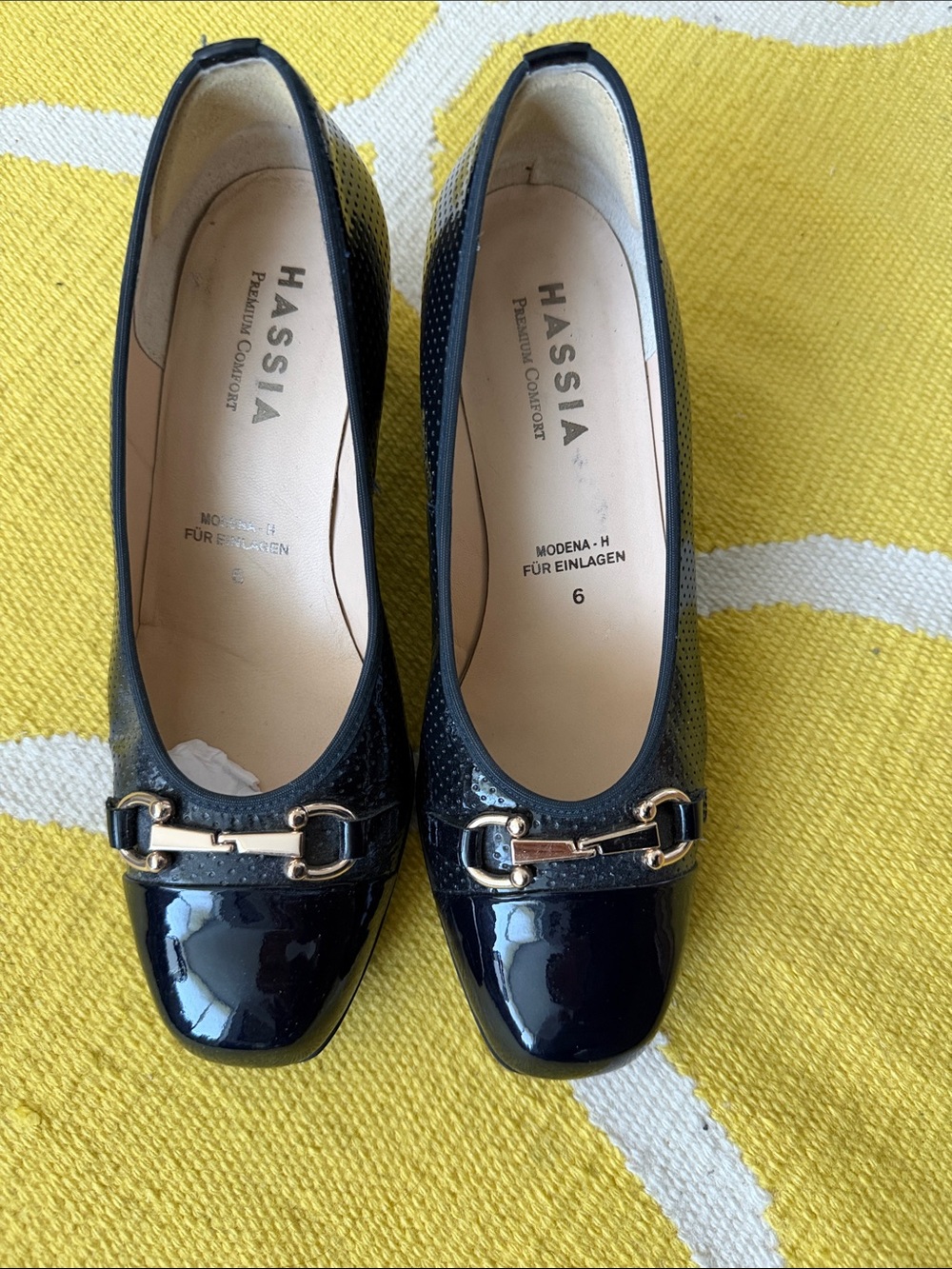 HASSIA Women's Navy Patent Leather Loafers with Gold Accent